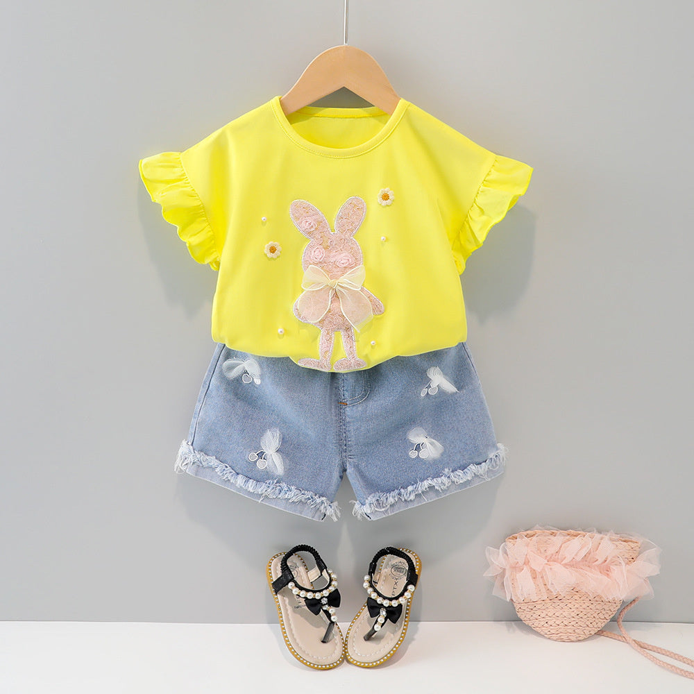 Style Clothing Summer New Children's Fashionable Girls' Cute Clothes Short Sleeve Shorts Korean Set
