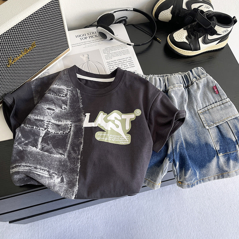 2026 Summer New Foreign Trade Style Boys' Round Neck Short Sleeve Baby Boy's Casual Denim Shorts Two-Piece Set, Dropshipping Available