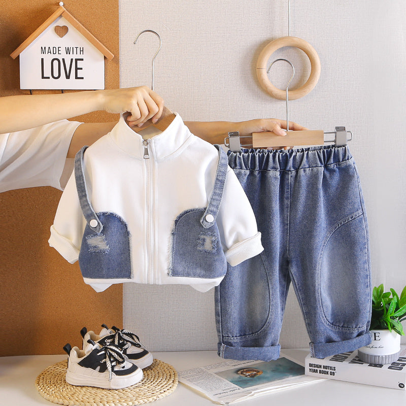 Boys' Sports Suit 2026 Spring Autumn New Casual Fake Suspender Two-Piece Set for Children and Toddlers