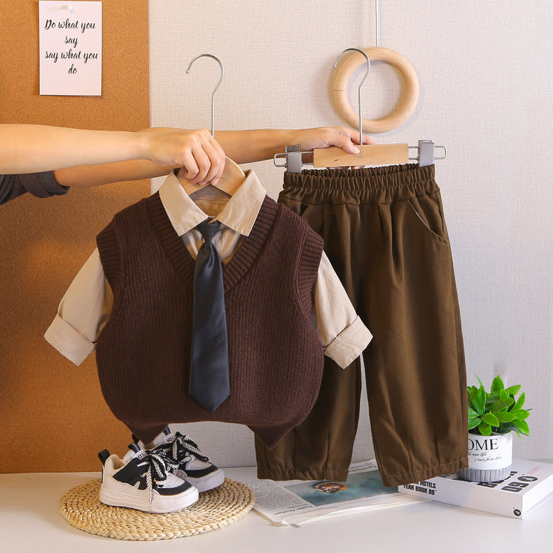 Baby Boy Outfit 2026 New Casual Stylish Children's Boys' Spring and Autumn V-neck Sweater Three-piece Set