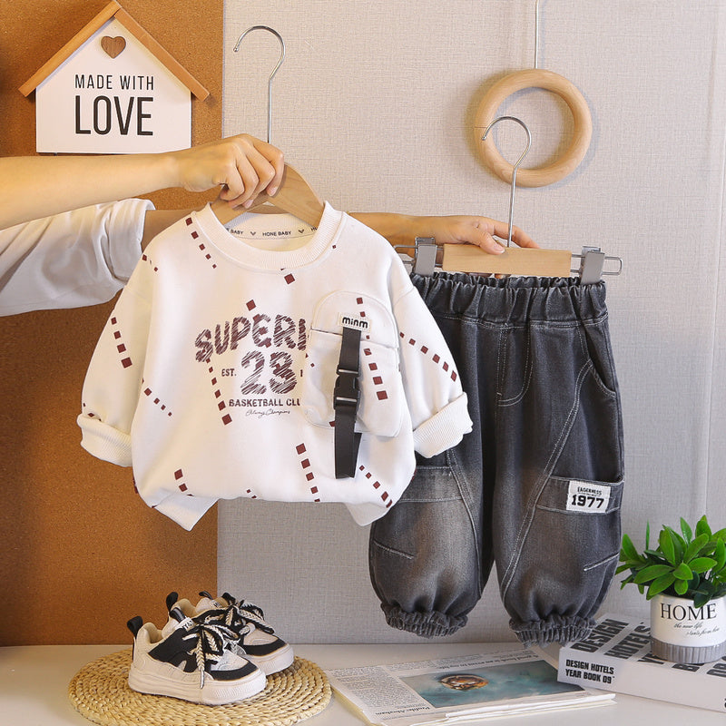 Boys' Outfit Baby 2026 New Fashionable Infant Spring and Autumn Letter Pocket Sweatshirt Two-Piece Set Trendy
