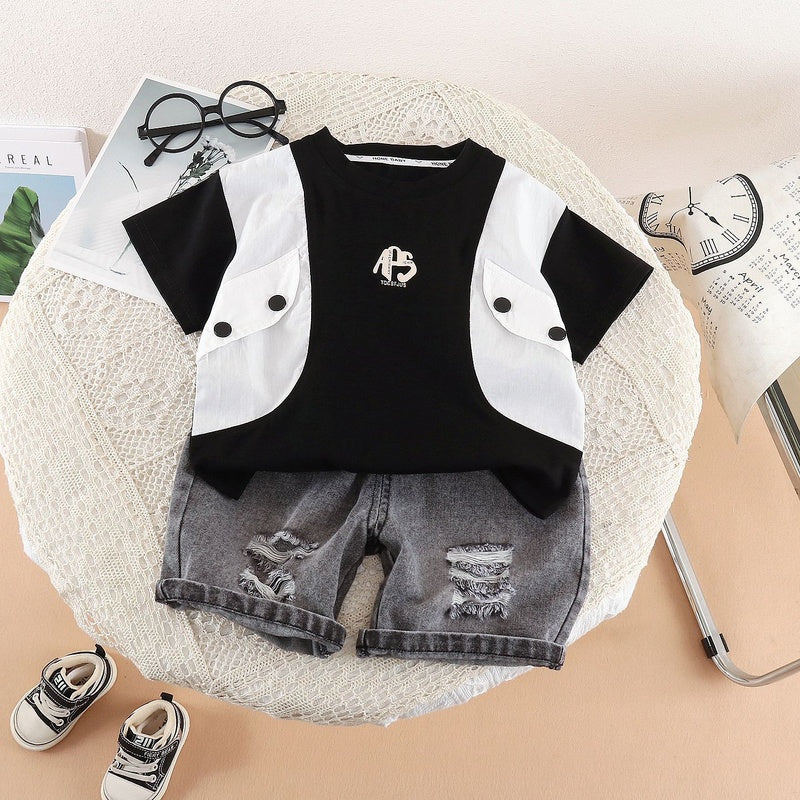 Summer Outfit 2026 New Style Toddler Double-Button Faux Pocket Short-Sleeve Two-Piece Set for Boys Stylish Children's Clothing