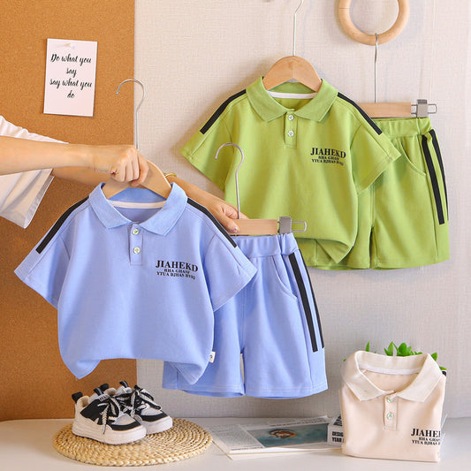 2026 Children's Fashionable Short-Sleeve Polo Shirt with Letter Print Boys' Suit Turn-Down Collar Summer Outfit Two-Piece Set Trendy