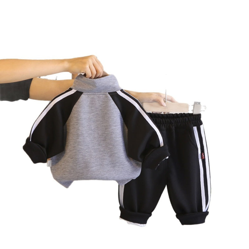 Boys' Autumn Outfit, New Spring Style for Baby Boys, Casual Two-Piece Set with Half-Zip and Color Block Long Sleeves, Trendy