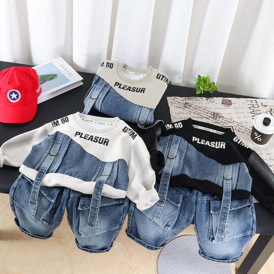 Boys' Outfit 2026 New Fashionable Two-Piece Set with Straps Patchwork Sweatshirt for Toddlers in Spring and Autumn