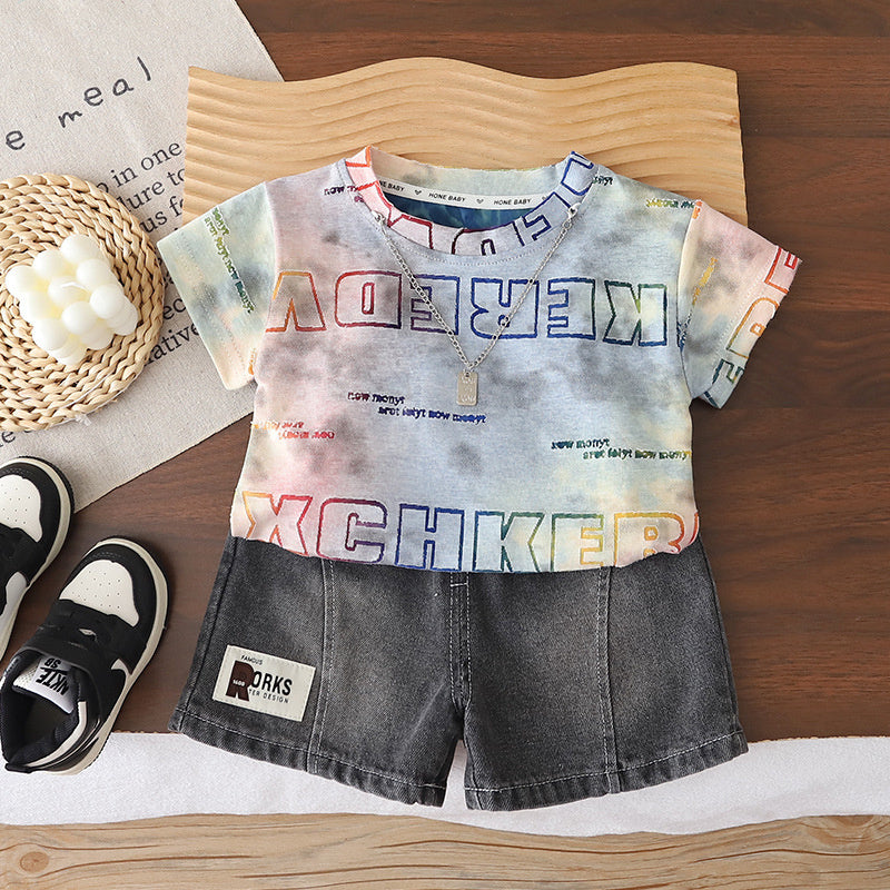 Boys' Outfit: Double-Row Letter Jacquard Short-Sleeve Set, 2026 New Summer Style, Toddler Baby Shorts Two-Piece Trendy Set