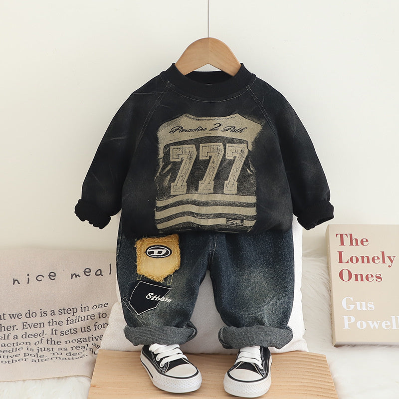 Boys' and Autumn 2025 New Children's Digital Round Neck Sweatshirt Toddler Spring Outfit Baby Clothes Two-Piece Set