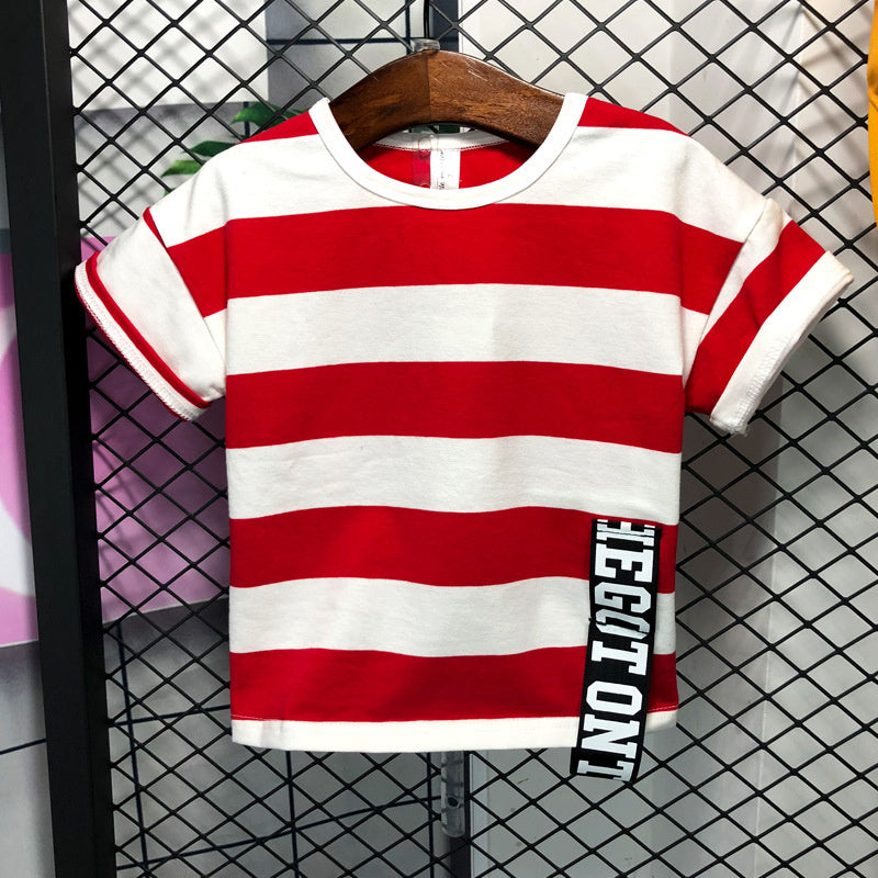 2020 New Summer Striped Short-Sleeve T-Shirt Set for Children, Distressed Personalized Denim Shorts Set, Two-Piece Trendy Outfit