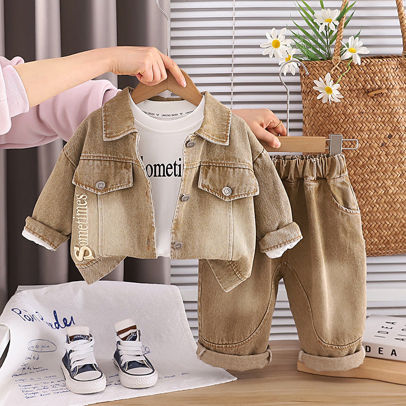 Boys' Outfit with Embroidered Letters, Stylish Baby Denim Spring Autumn Three-Piece Set, New Trendy Infant and Toddler Clothing