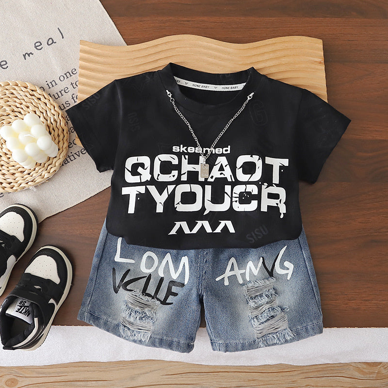 Boys' Short-Sleeve Two-Piece Set 2026 New Fashionable Baby Summer Outfit Casual Letter Print Clothes Trendy Stylish Suit