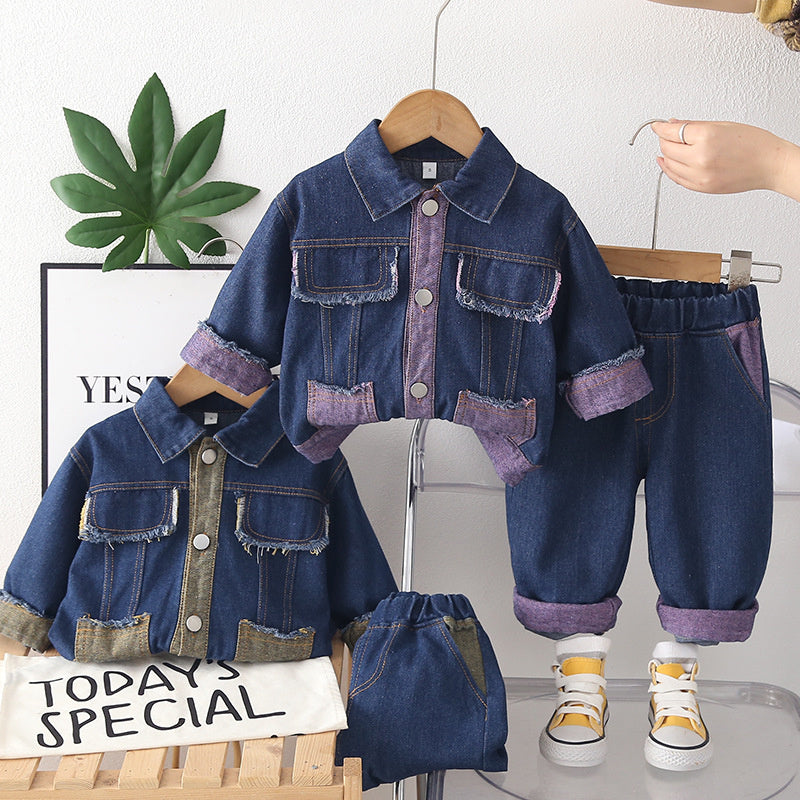 Baby girl spring outfit set, children's denim clothes with square pockets, stylish autumn wear for little girls