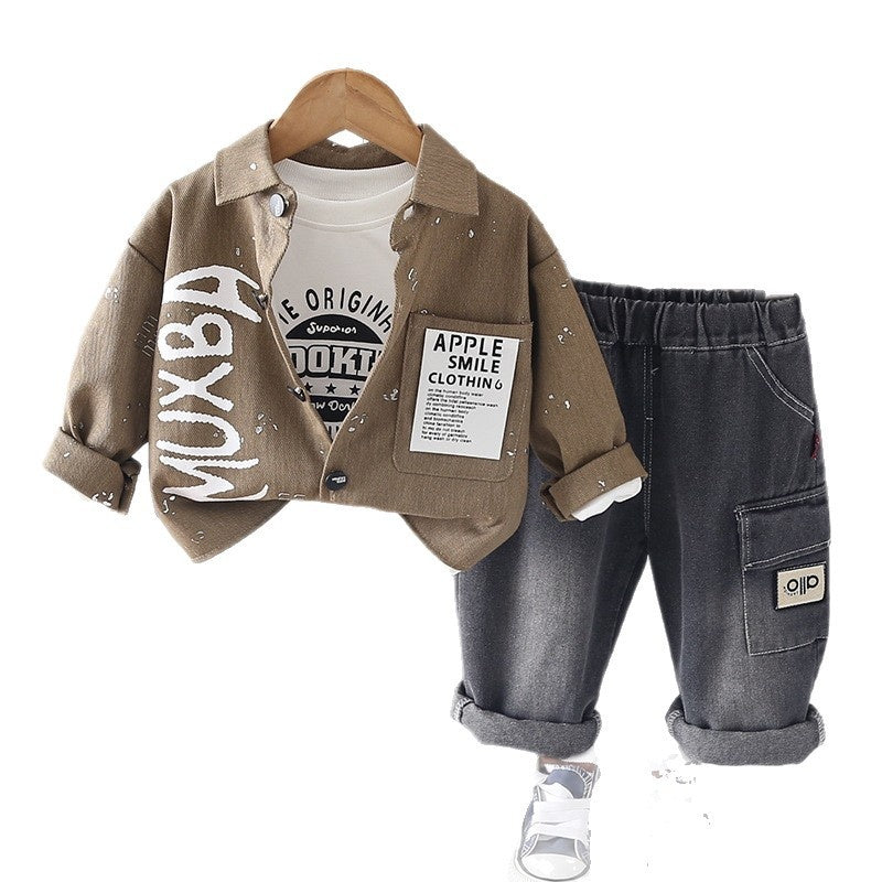 Boys' and Autumn Outfit 2026 New Fashionable Children's Gold-Embossed Casual Three-Piece Set Baby Spring Trendy Jacket