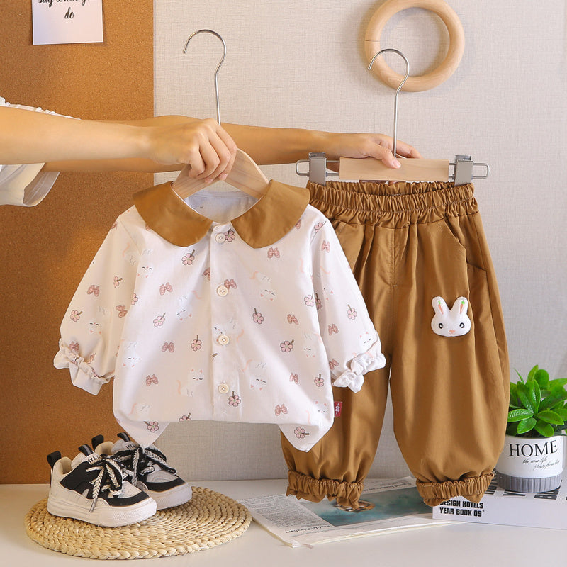 Baby Girl 2026 New Outing Floral Cat Print Turn-down Collar Two-piece Infant Long Sleeve Casual Pants Spring/Autumn Set