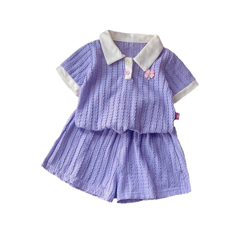 Girls' stylish solid color jacquard suit, summer wear 2026 new model, fashionable casual two-piece set for baby girls