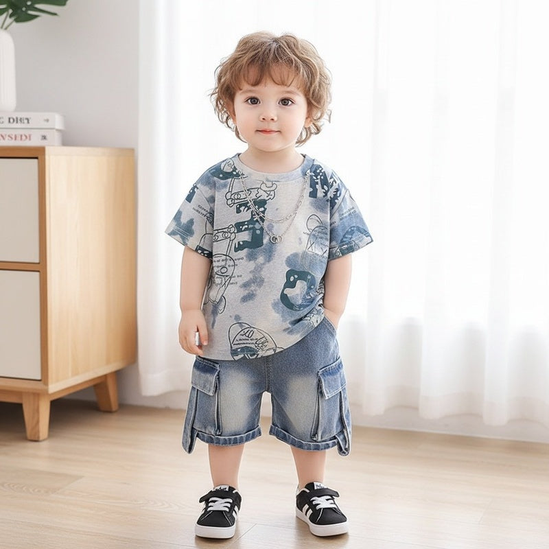 Outfit 2026 New Style Toddler Baby Summer Clothes Boys' Tie-Dye Big Bear Short Sleeve Two-Piece Set Trendy