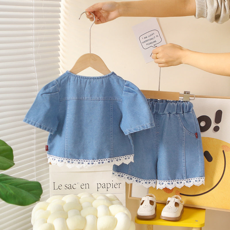 Girls' Outfit 2026 New Style: Lace Hem Denim Short Sleeve Shorts Two-Piece Set, Stylish Baby Summer Fashion