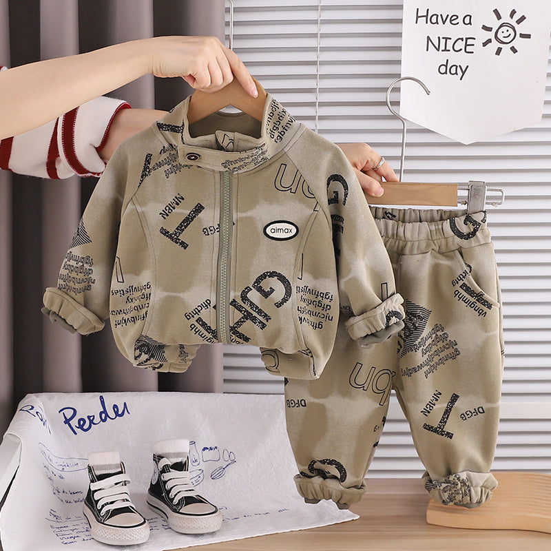 Boys' Outfit 2026 New Fashionable Baby Full-Print Zipper Long-Sleeve Two-Piece Set for Children in Spring and Autumn