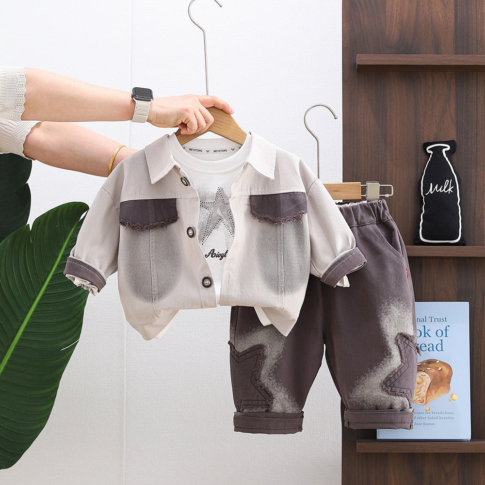 Boys' Outfit 2026 New Style Infant Children's Spring and Autumn Fashionable Baby Clothes Spray-Painted Three-Piece Set