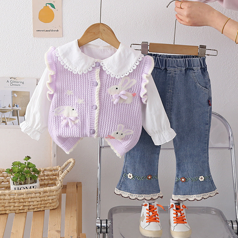 Girls' and Autumn Outfit 2026 New Fashionable Children's Three Rabbits Sweater Three-Piece Set Baby Spring Clothes Trendy