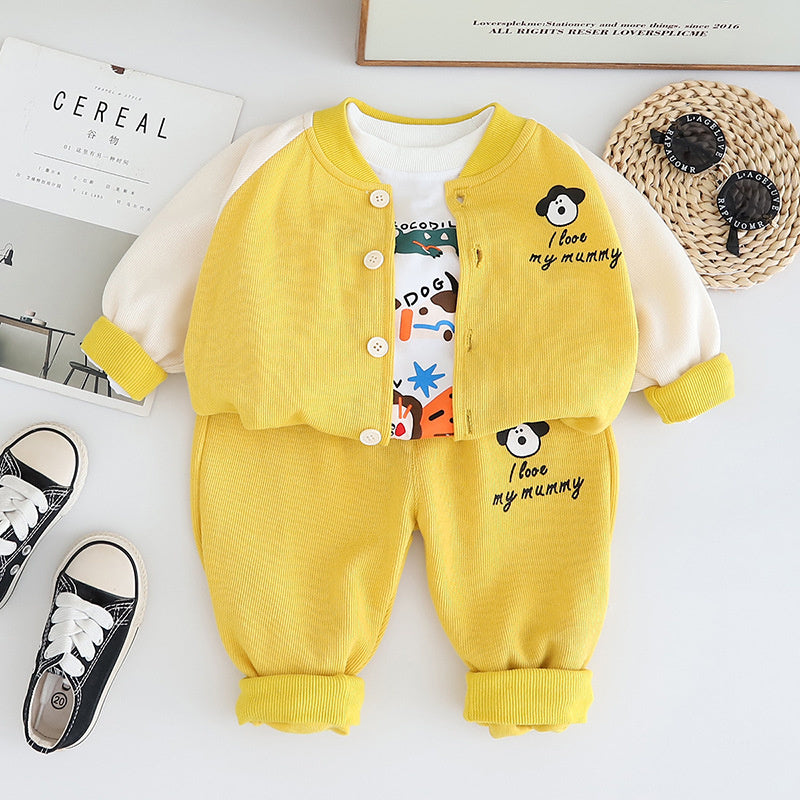 Boys' Outfit 2025 New Children's Cute Apron Puppy Three-Piece Set for 1 to 3 Years Old Baby Spring and Autumn