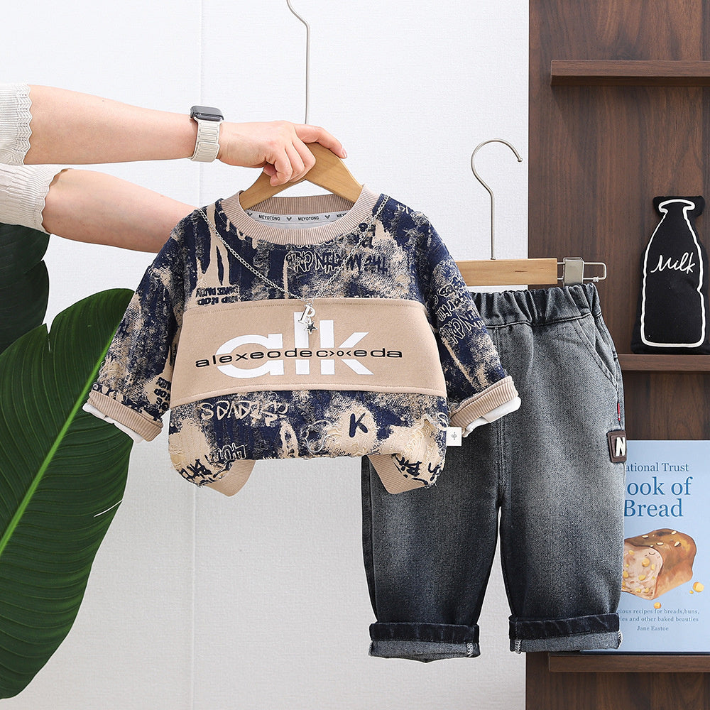 Baby Boy Outfit Boys' 1-3 Years Old Toddler Clothes Stylish Spring and Autumn Letter Necklace Sweatshirt Two-Piece Set