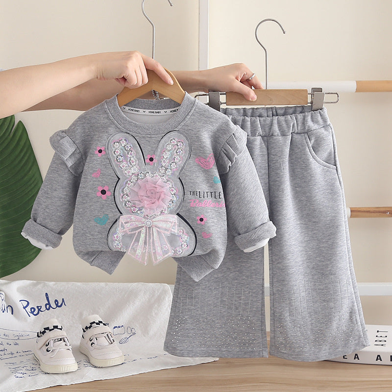 Baby girl casual rabbit sweatshirt two-piece set, children's fashionable outfit, girls' sporty spring and autumn long-sleeve clothing trendy