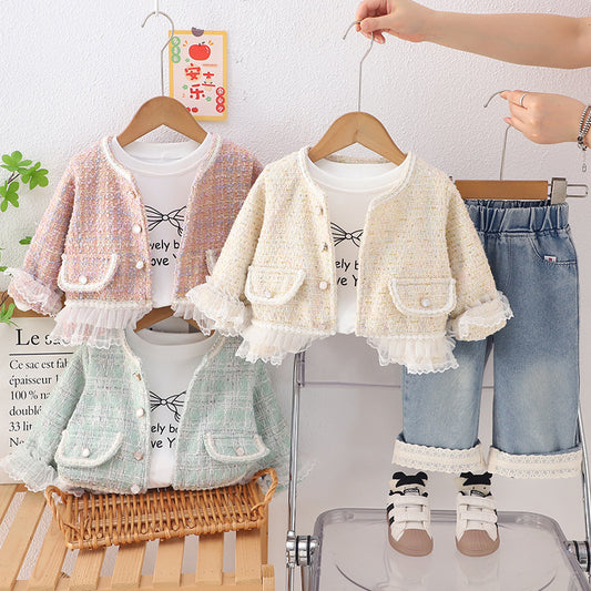 Foreign Trade Wholesale 2025 New Sweet Little Chanel Style Three-Piece Set Children's Fashionable Outfit Spring and Autumn Live Supply