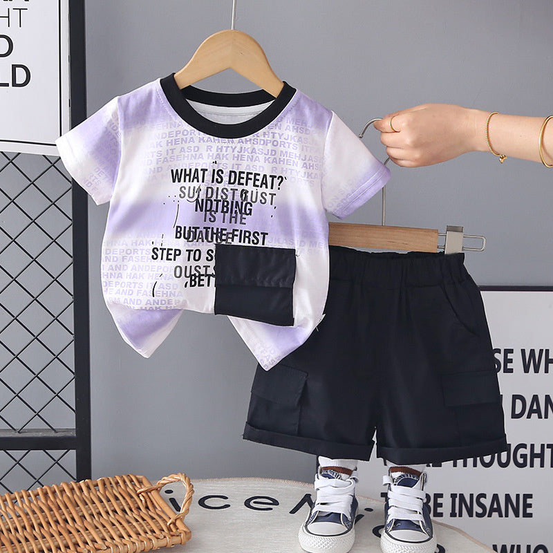 Baby boy short-sleeve two-piece set 2026 new children's summer clothing thin gradient wide stripe pocket suit for boys