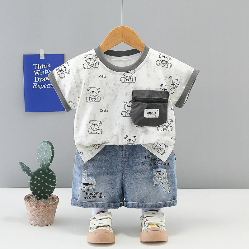 Baby Boy 2026 Stylish Star Bear Short Sleeve Summer Infant Children's Clothes Two-Piece Set Boys' Trendy Outfit