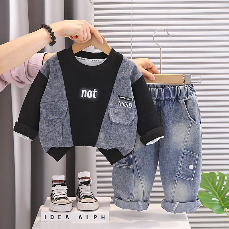 Outfit Set 2026 New Baby Children's Spring and Autumn Denim Patchwork Sweatshirt Two-Piece Boys' Round Neck Clothes