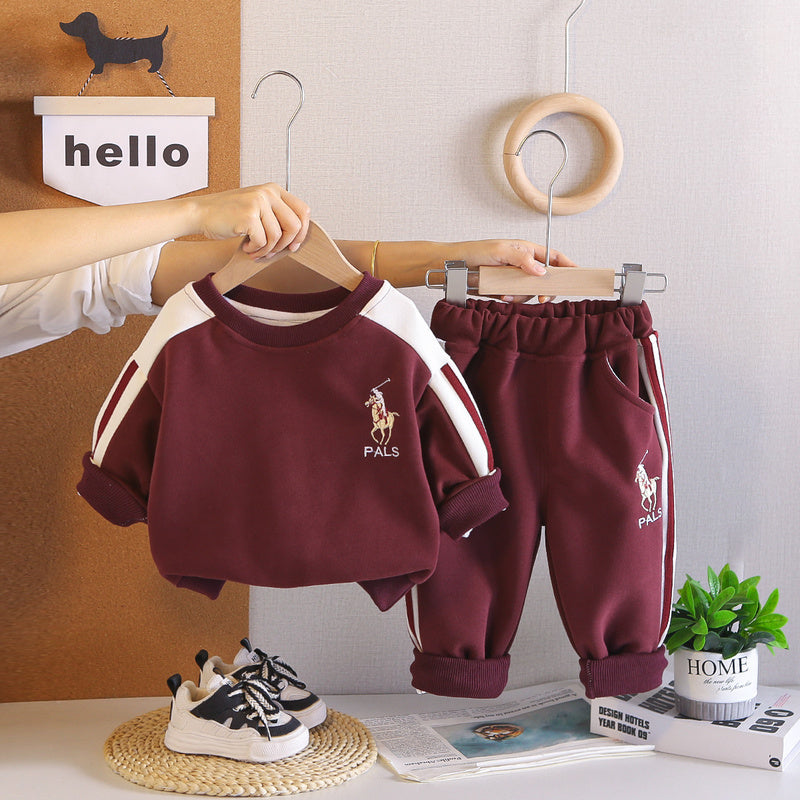 Boys' Embroidered Round Neck Sweatshirt 2026 New Autumn Two-Piece Set Trendy Baby Casual Sports Children's Clothing