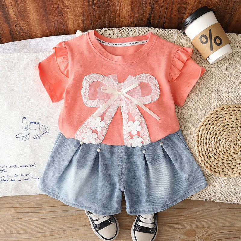 Girls' Short-Sleeve Outfit with Big Bow 1-4 Year Olds, Baby Clothes, Children's Wear, Lightweight Summer Clothing for Toddlers