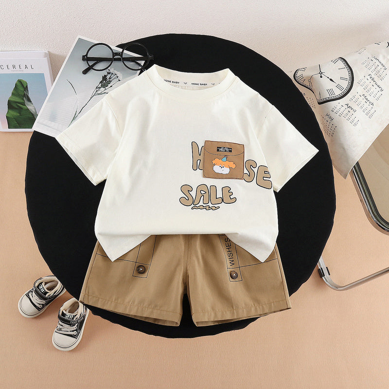 Children's 2026 Short-Sleeve New Style Casual Korean Cartoon Pocket Dog Summer Outfit Two-Piece Set for Boys and Girls