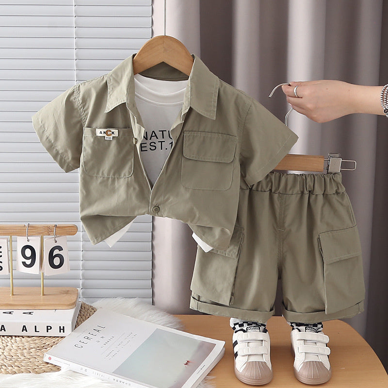 2026 Summer New Boys' Workwear Double-Pocket Short-Sleeve Baby Fashion Korean Style Children's Clothing Three-Piece Set