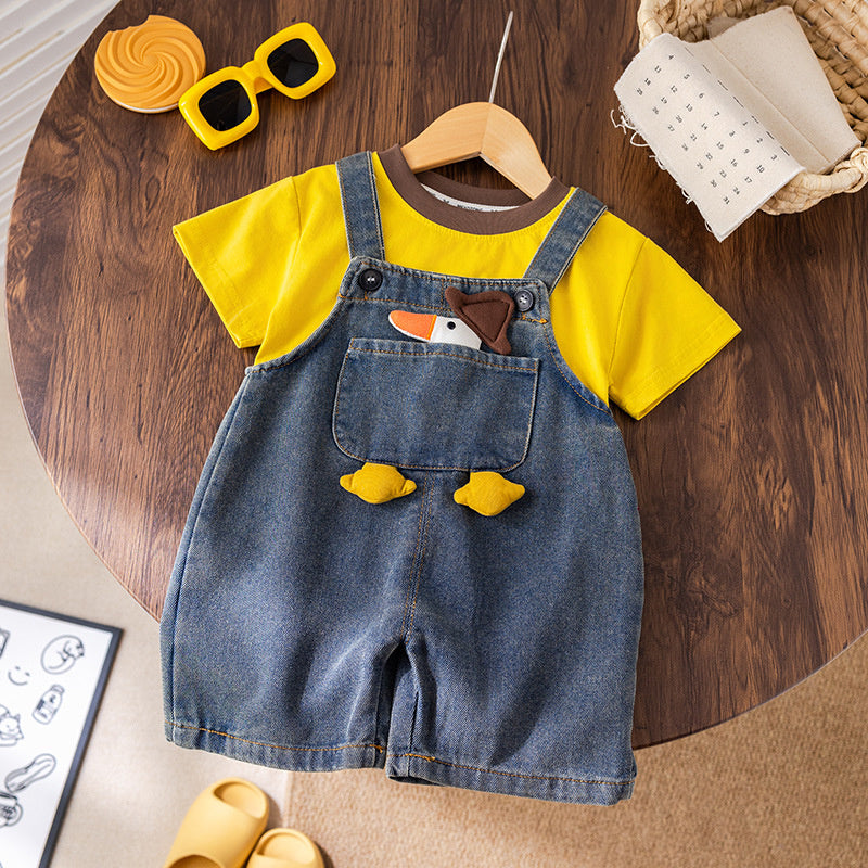 Children's Duck Denim Overalls 2025 New Boys' Summer Thin Short Sleeve Two-Piece Set Trendy