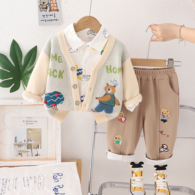 Boy Autumn Outfit Bear Cardigan Three-Piece Set 2024 New Style 1-2-3 Years Old Toddler Clothing Baby Trend