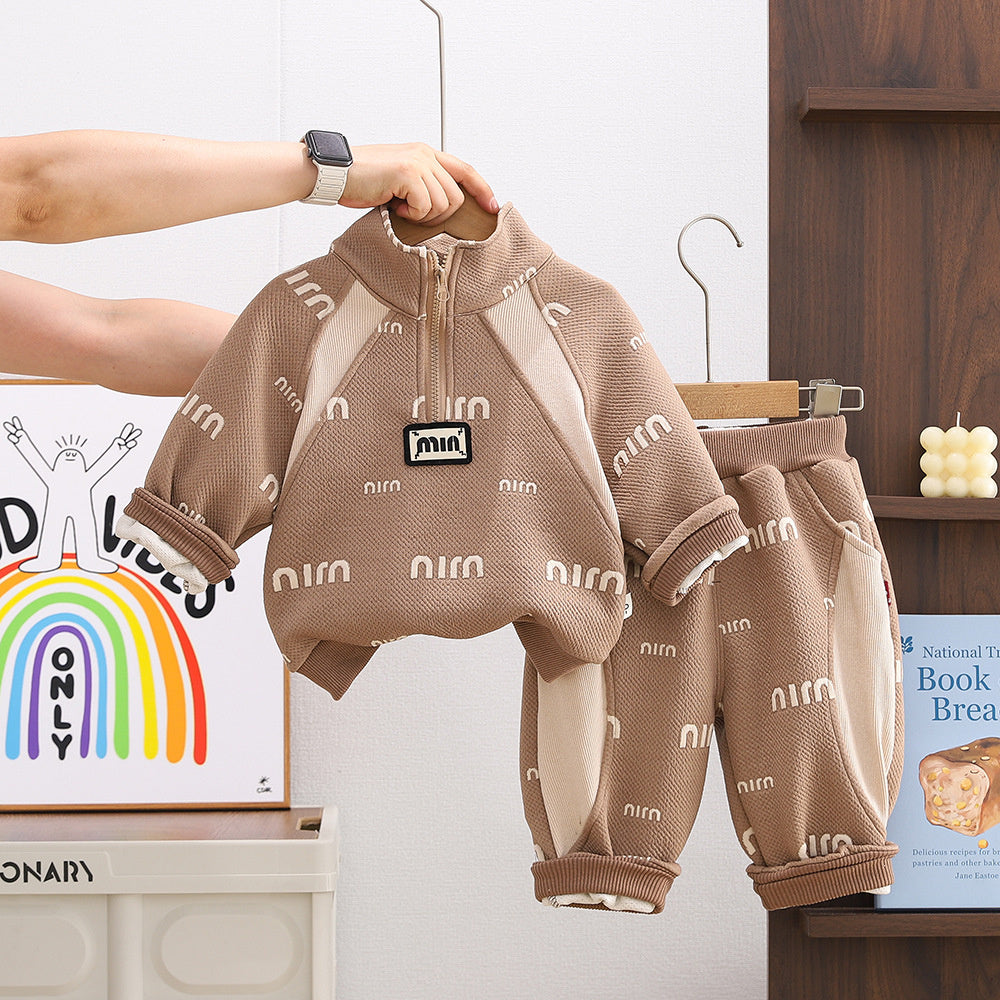 Boys' Outfit Children's Stylish Jacquard Letter Half-Zip Two-Piece Set Baby Spring and Autumn Clothes for Boys