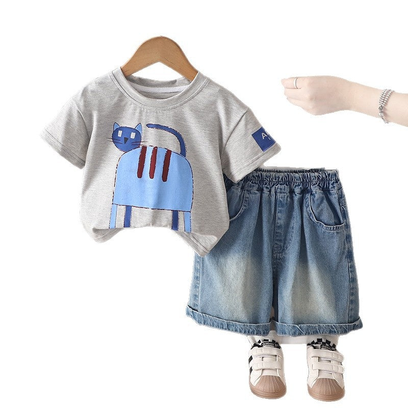 Boys and girls' summer 2026 new style children's sports cartoon cat short-sleeve shorts two-piece set trendy