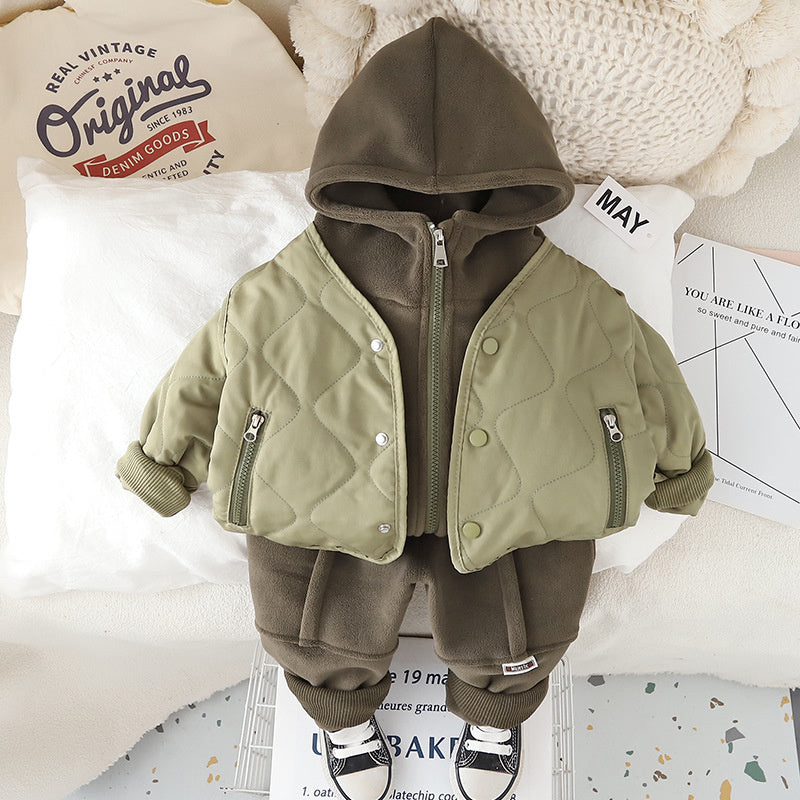 Boys' Thickened Outfit Winter Korean Style Fashionable Children's Outerwear Zipper Pocket Vest Fleece Three-Piece Set Trendy