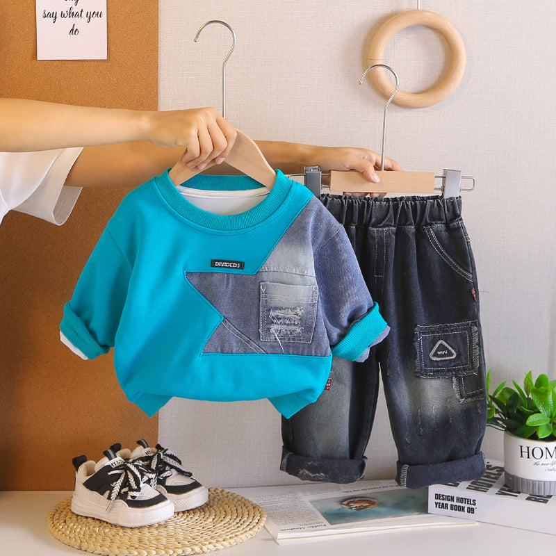 Boys' Casual Outfit 2026 Fashionable Baby Patchwork Pocket Sweatshirt New Two-Piece Set for Spring and Autumn