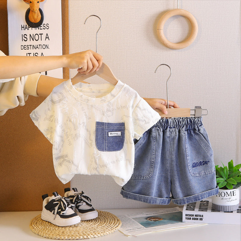 Boys' Summer Outfit 2026 New Thin Denim Pocket Short Sleeve Two-Piece Set for 1-3 Year Olds