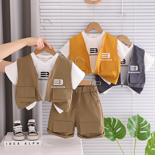 New stylish summer clothing boys, children's clothes for summer, boys' three-piece workwear set, baby short-sleeve suit