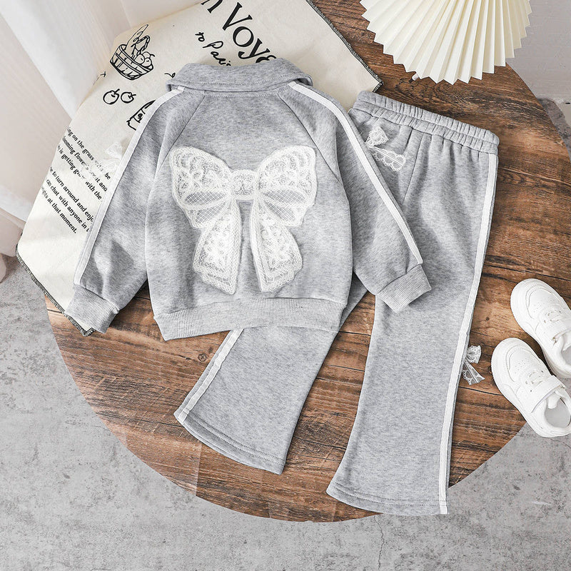 Autumn Girls' Gray Sports Lapel Zipper Cardigan + Flared Pants Lace Bow Children's Two-Piece Set