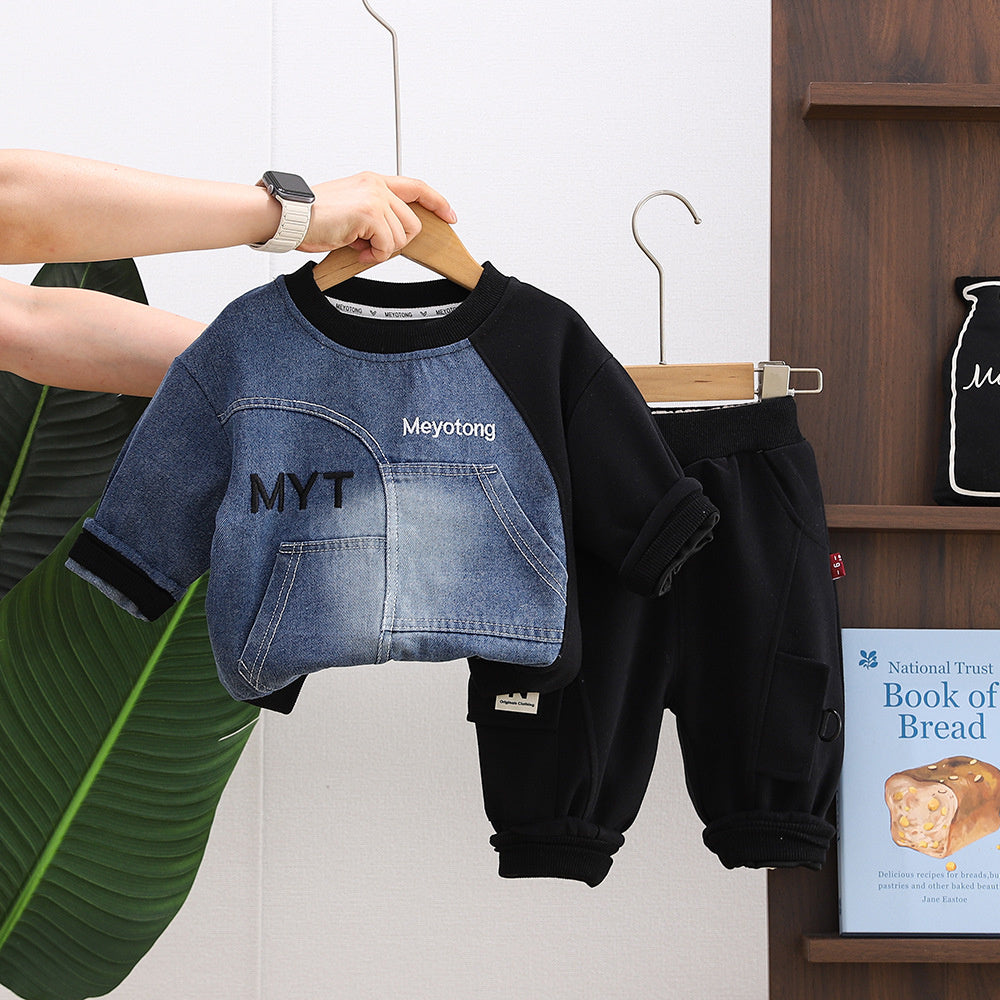 Children's Autumn Clothing for Boys 1-3 Years Old, Cute Outfit, Two-Piece Set with Denim Sleeves, Trendy Baby Clothes 2