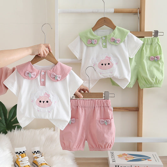 Doudou Girls' Outfit 2026 Little Sheep Cartoon Bow Collar Cute Baby Girl Clothes Two-Piece Set