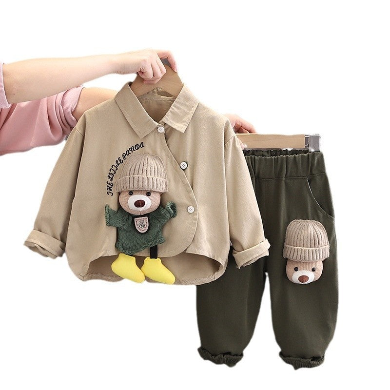 Baby Stylish Fashionable Outfit 2025 New Children's Plush Bear Shirt Two-Piece Set Boys Spring and Autumn Long Sleeve