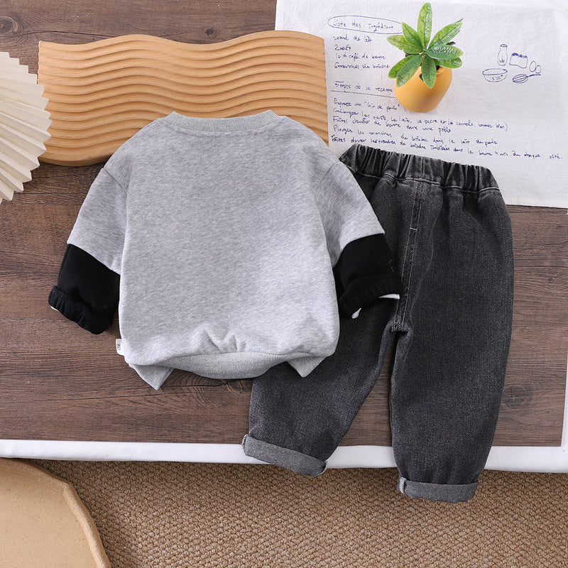 Boys' Round Neck Pocket Sweatshirt 2026 New Spring and Autumn Style Children's Casual Sports Two-Piece Set