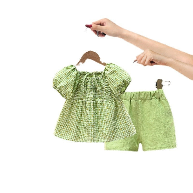 New Girls' Summer Floral Princess Set Baby Infant Korean Style Fashionable Short Sleeve Elegant Pastoral Two-Piece