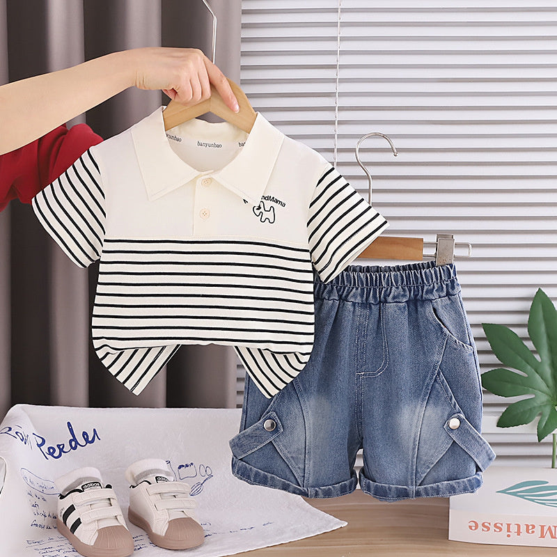Boys' Outfit 2026 New Fashionable Set for 1-3 Year Olds, Children's Summer Clothes with Patchwork Short Sleeves
