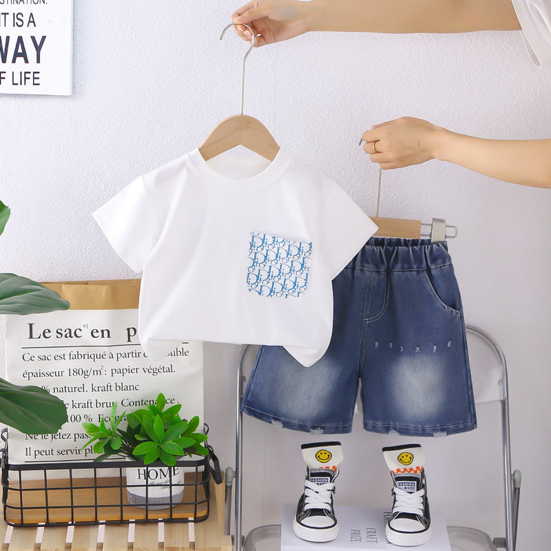 Baby Outfit 2026 New Summer Style Boys' Letter Pocket Short Sleeve Shorts Two-Piece Set Children's Sports Trend